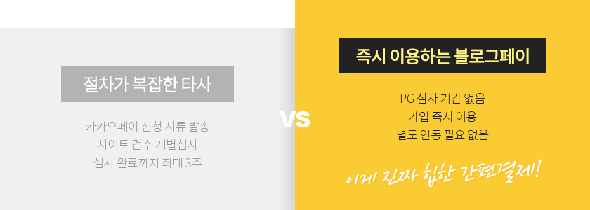 즉시 이용하는 블로그페이. PG 심사 기간 없음, 가입 즉시 이용, 별도연동 필요 없음. 이게 진짜 힙한 간편결제!