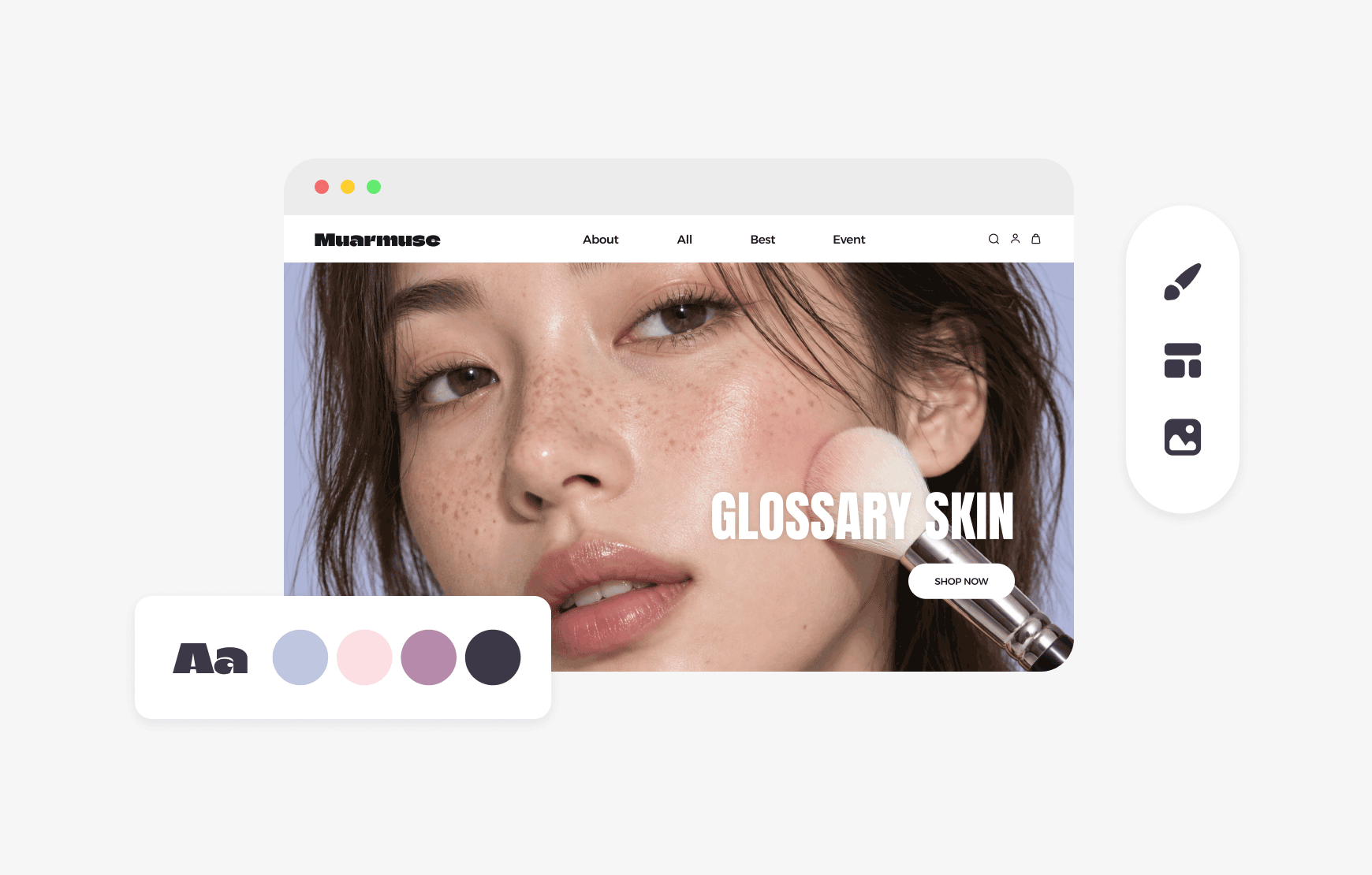 쇼핑몰 디자인 편집 화면과 색상 팔레트